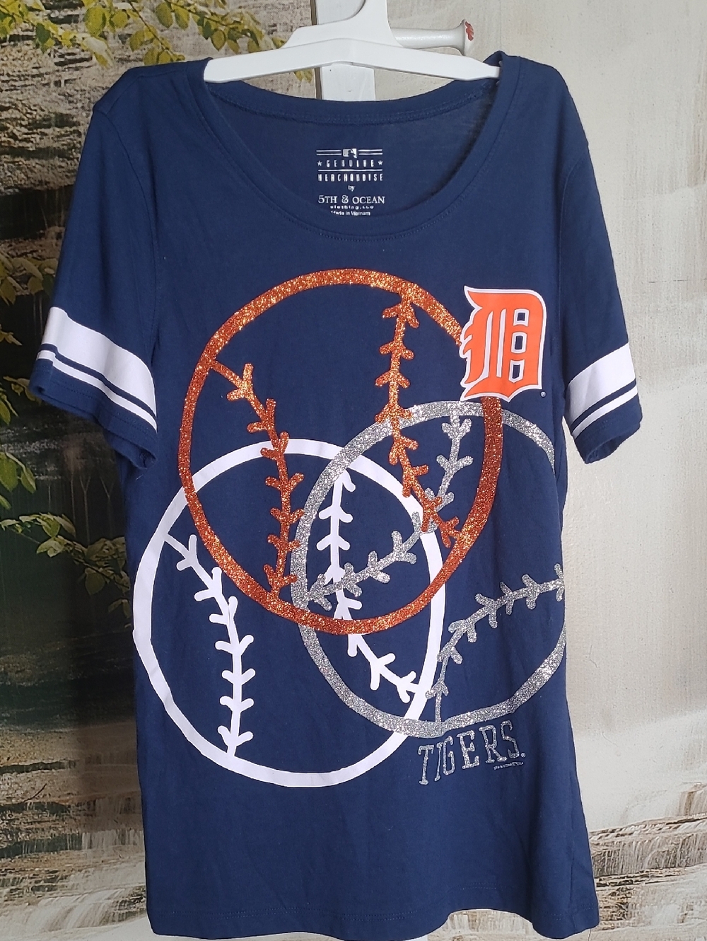 5th & Ocean Girls 16 Detroit Tigers Glitter Sparkle Short Sleeve Baseball Tee